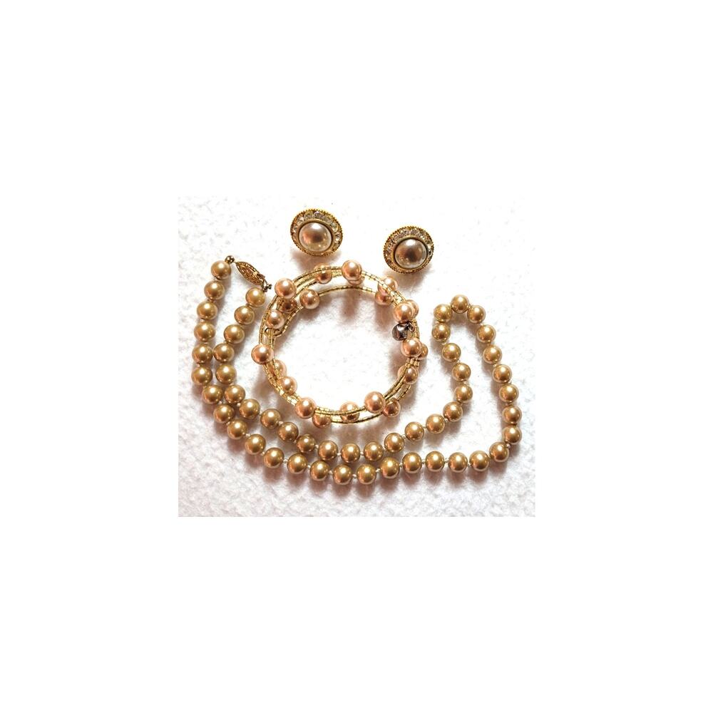 Gold Tone Knotted Pearl Necklace Bracelet Earrings Vintage MCM Regency Coquette
